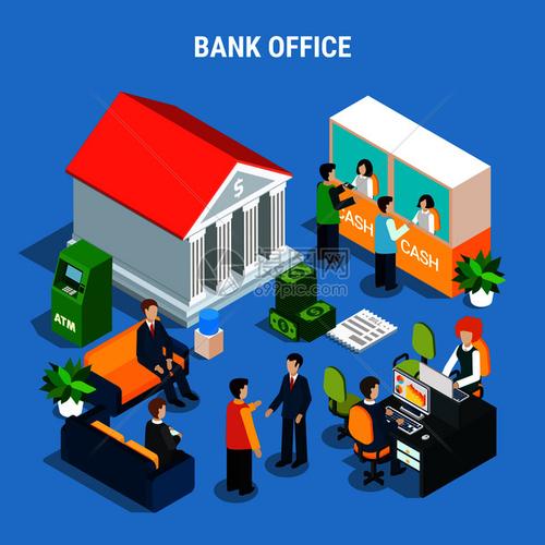银行办公室等距成与工作人员客户金融业务内部元素蓝色背景矢量插图